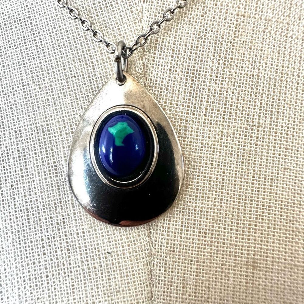 Silver tone blue green teardrop pendant necklace